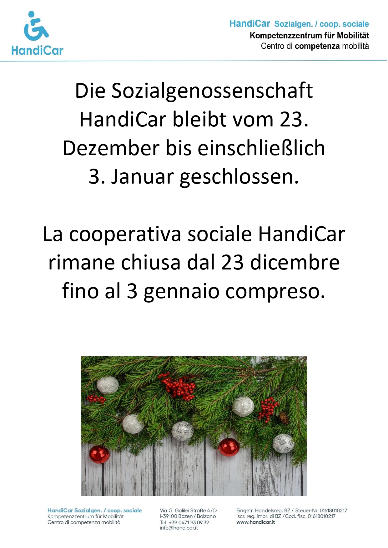 WEIHNACHTSSCHLIESSUNG